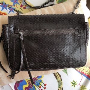 Zara Python style brown leather bag with metal/leather chain strap.